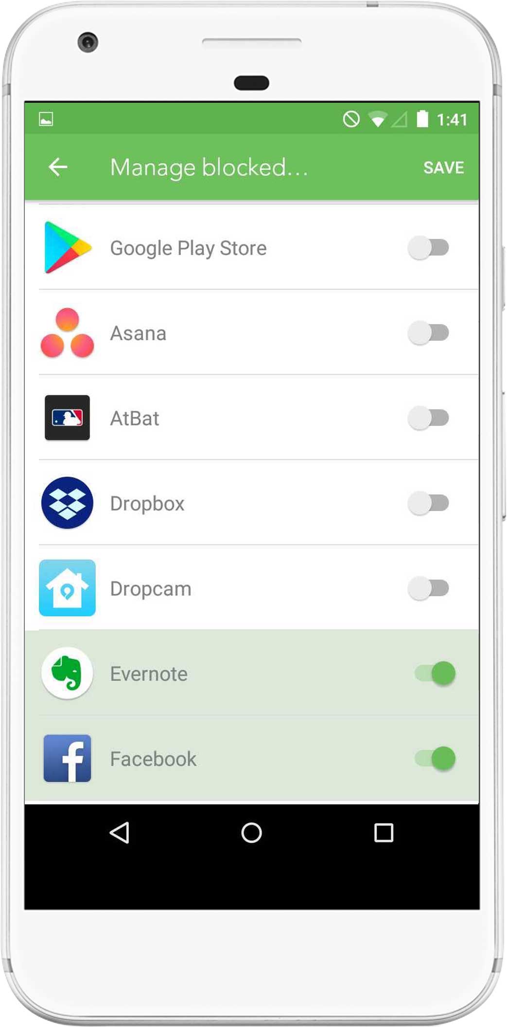 A screenshot showing a list of apps that can be blocked with Freedom for Android.
