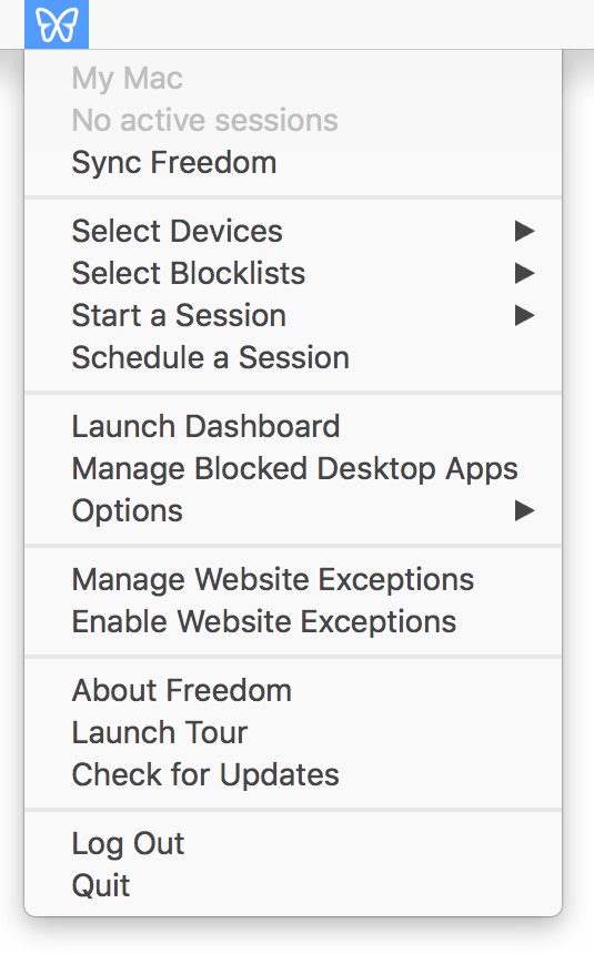 A screenshot showing the menubar interface for starting a session, with menu items for selecting the blocklists, devices, and duration for the session