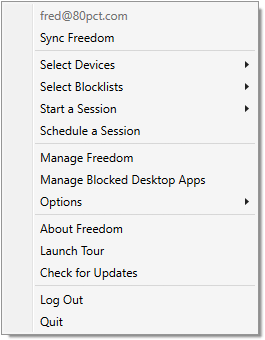 A screenshot showing the taskbar menu interface for starting a session, with menu items for selecting the blocklists, devices, and duration for the session