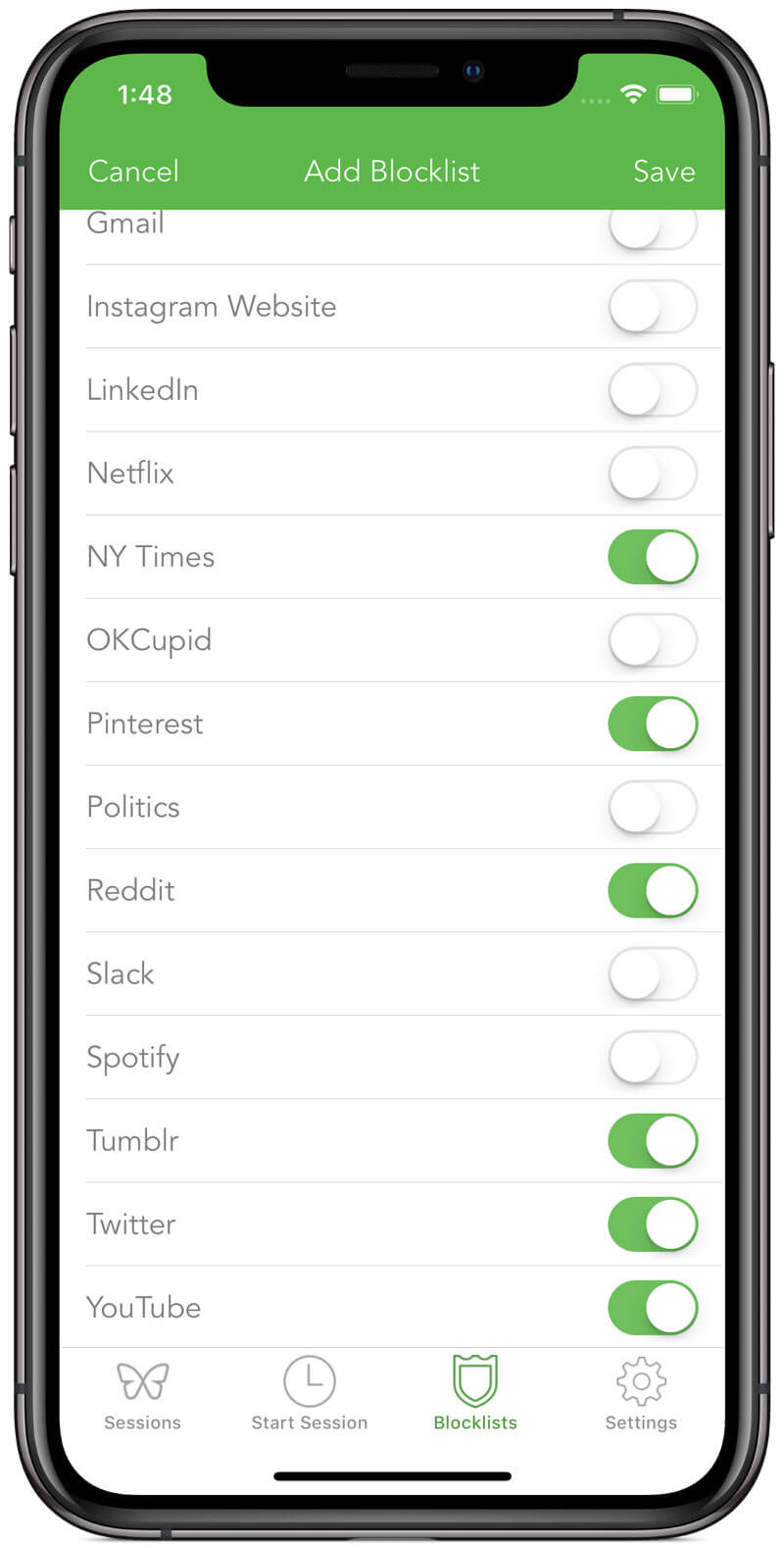 A screenshot showing a diverse list of distractions including Pinterest, Politics, Reddit, and New York Times, with a toggle button to add or remove them from a custom blocklist.