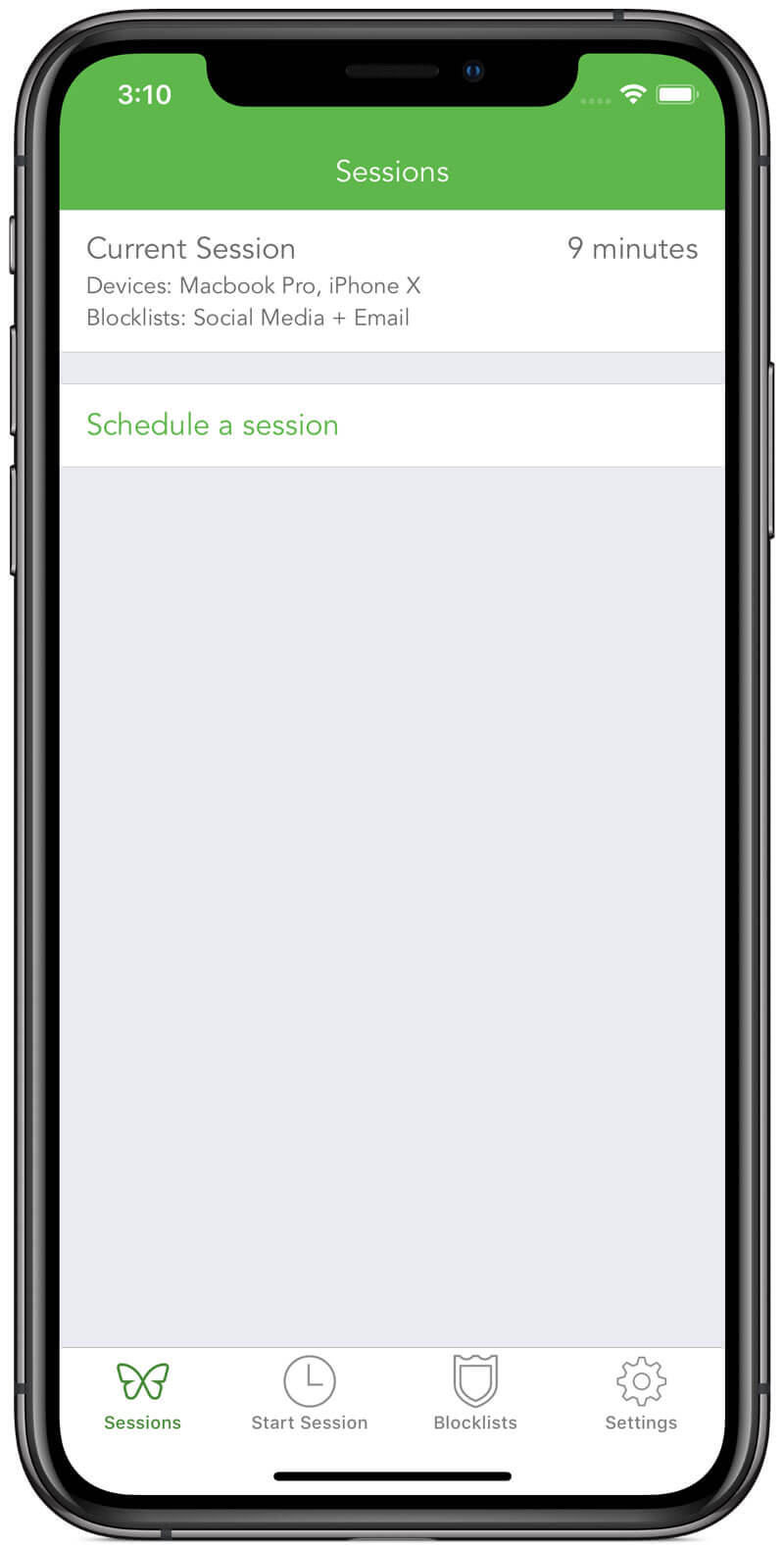 A screenshot showing one active session that is running on your Macbook Pro and iPhone X, blocking social media and email. A countdown indicates that there are 9 minutes remaining before the session ends.