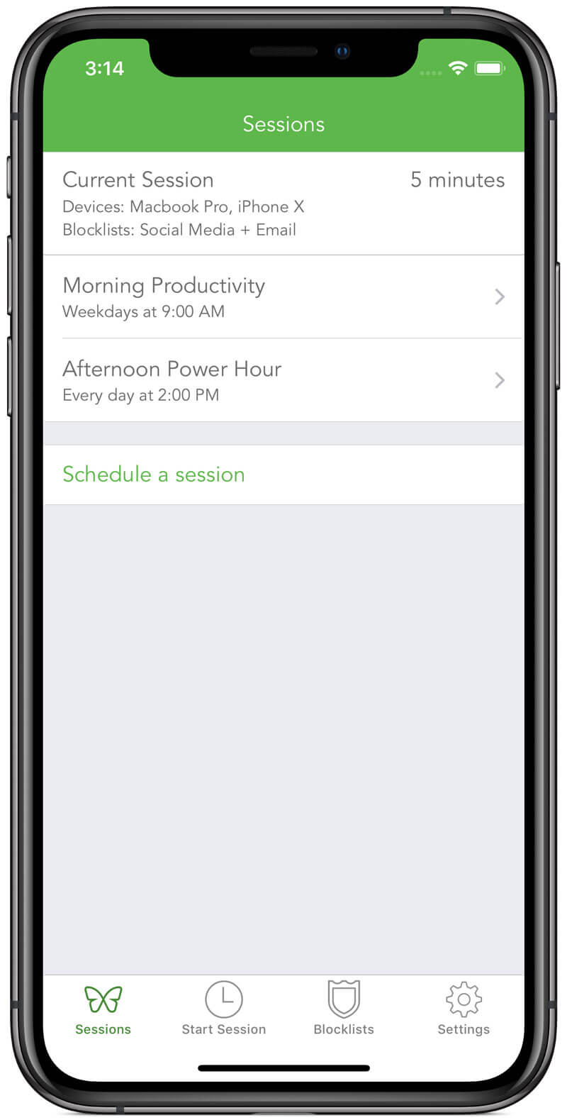 A screenshot showing a list of recurring sessions, with names like morning productivity (weekdays at 9:00 AM) and afternoon power hour (Every day at 2:00 PM).