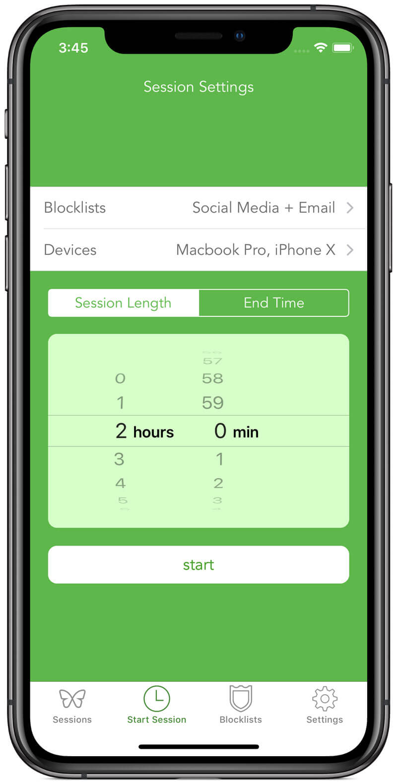 A screenshot showing the interface for starting a session, with controls to select the blocklists, devices, and duration for the session.